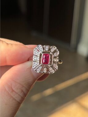 New Silver Ring with Red Center Stone and Clear Accents Adjustable Ring! 💍